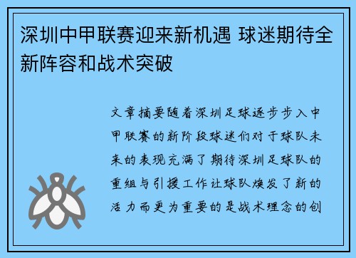 深圳中甲联赛迎来新机遇 球迷期待全新阵容和战术突破