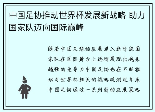 中国足协推动世界杯发展新战略 助力国家队迈向国际巅峰