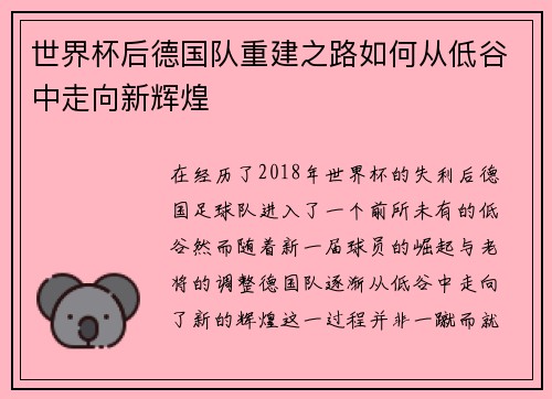 世界杯后德国队重建之路如何从低谷中走向新辉煌